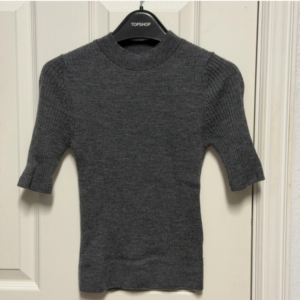 Uniqlo 100% Wool Women's Grey Ribbed Mock Neck Knit 1/2 Sleeve Sweater Small